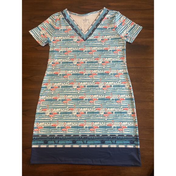 Guy Harvey Tropical Flamingo Dress Wmns Sz L Short Sleeve Vacation Resort Cruise - Picture 1 of 8